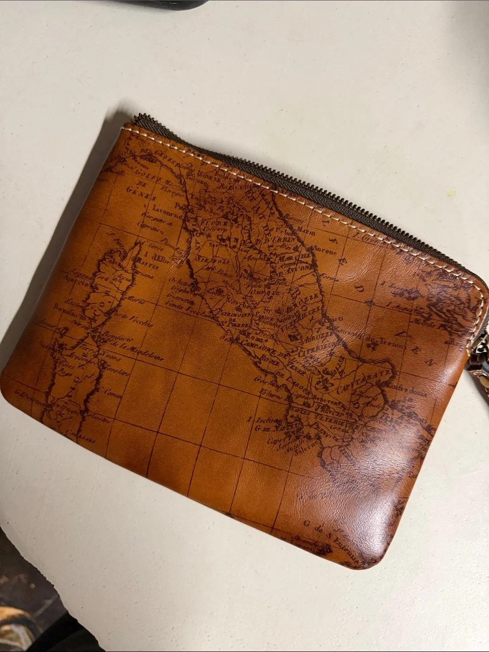Patricia Nash Tan Cognac Map-Print Leather Zip Wristlet